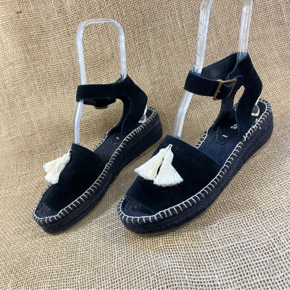 Espadrilles Soludos Platform Sandals Black Suede Tassels White Wedge Size 10 - Picture 2 of 14